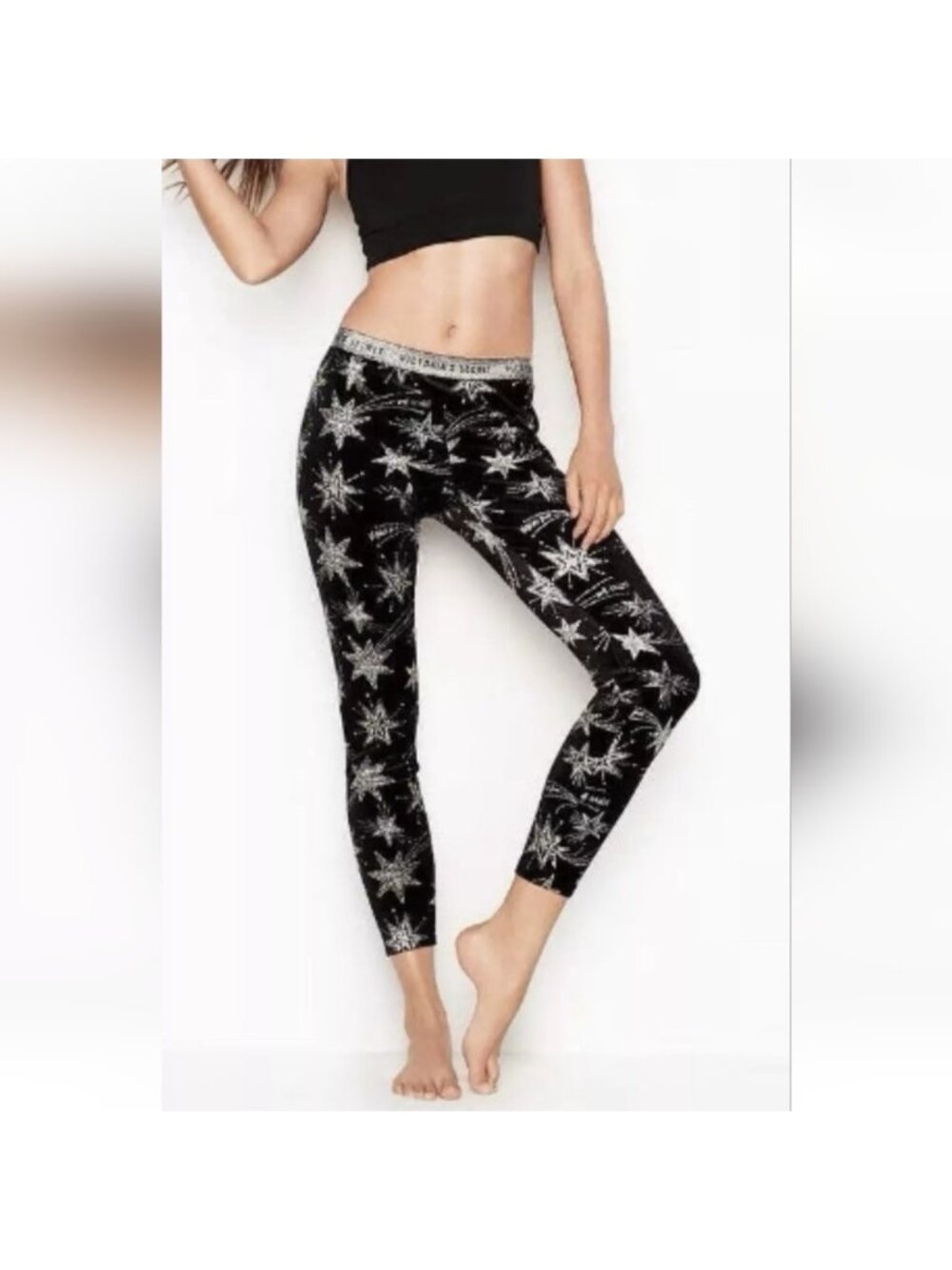 Victoria Secret Black Velvet Leggings Shooting Stars Glitter Pants Size Medium
